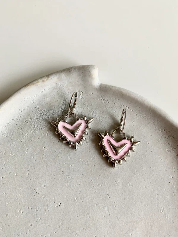 Heart Hoops Pembe Mineli Gümüş Kaplama Küpe