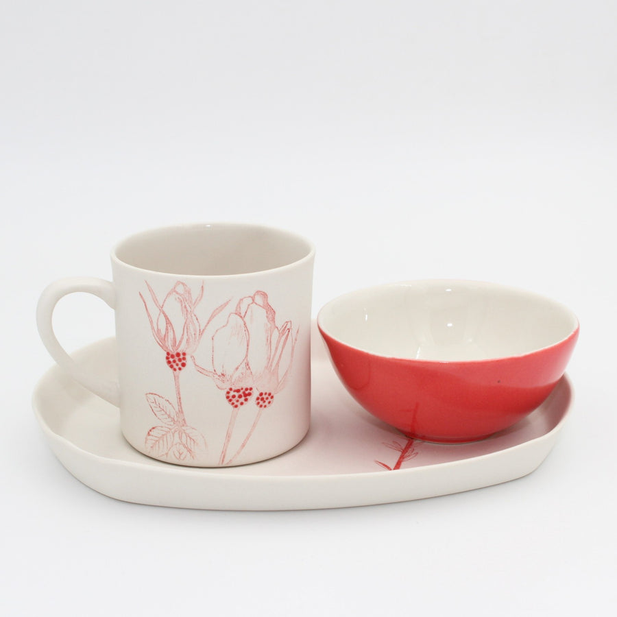 Flora Kırmızı Çiçekli Porselen Fincan ve Tabağı