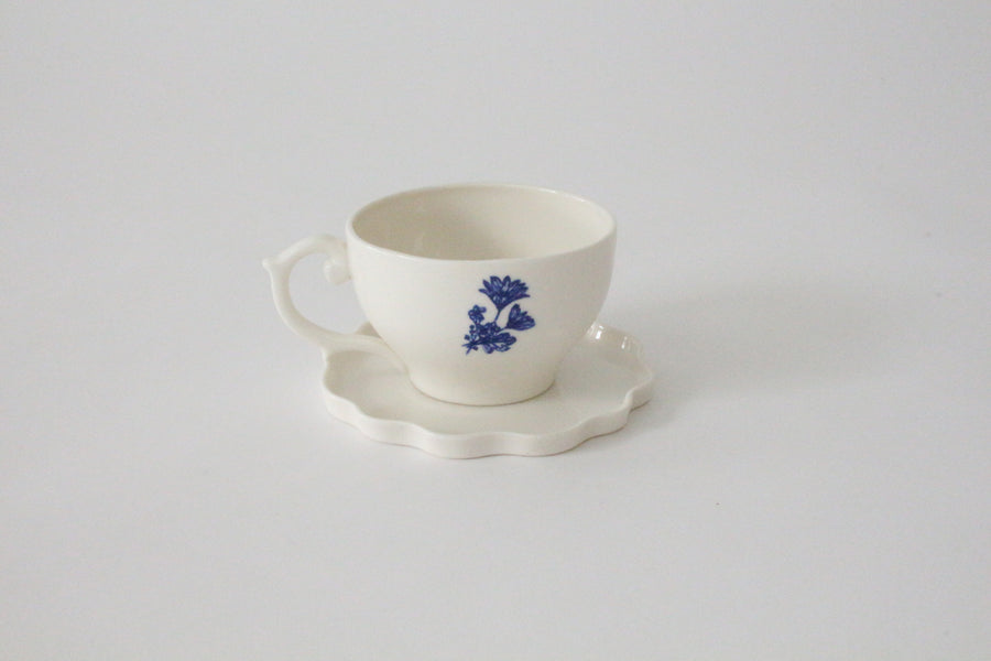 Blue Flower-Rustik Beyaz Kahve Fincan & Tabağı