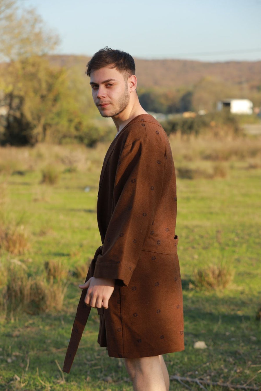 Akış Ceviz Desen Koyu Kahverengi Ehram Kimono