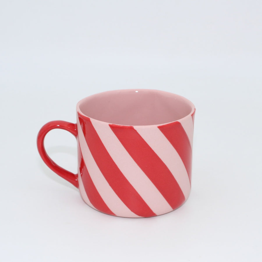 Luna Pembe Kırmızı Çizgili Porselen Kupa