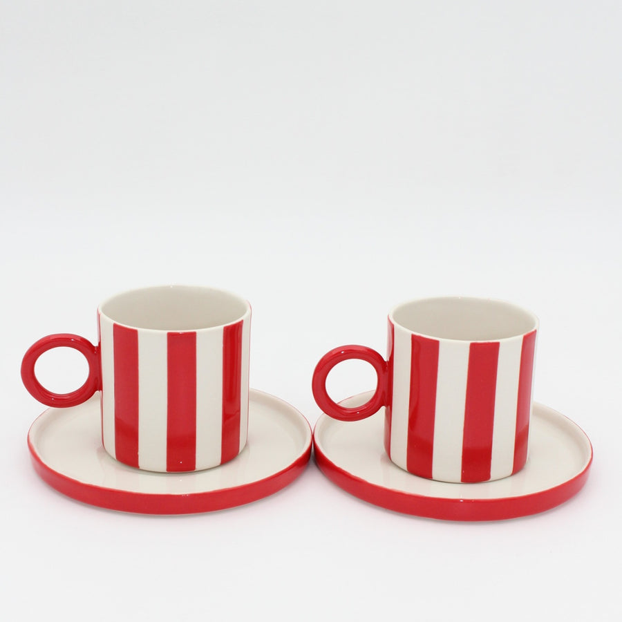 Mia Kırmızı Çizgili Porselen Fincan ve Tabağı