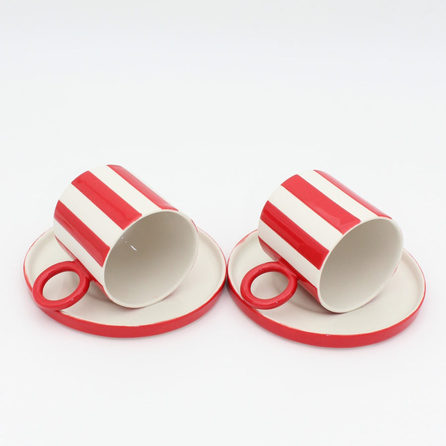 Mia Kırmızı Çizgili Porselen Fincan ve Tabağı