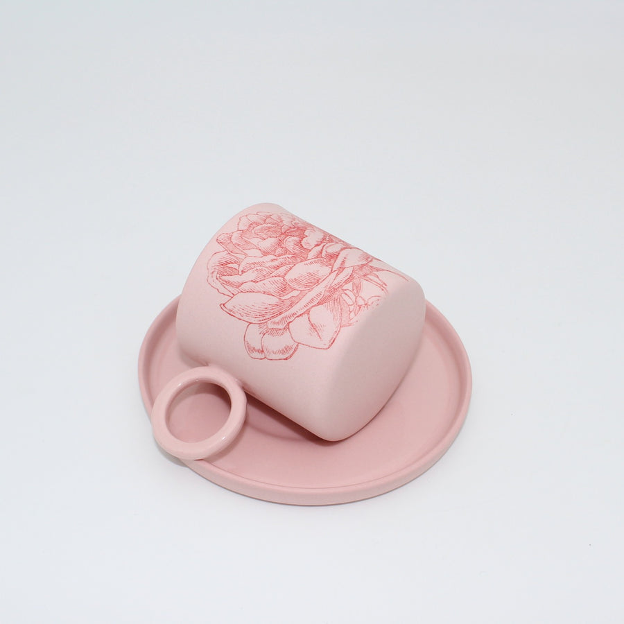 Mia Pembe Kırmızı Çiçekli Porselen Fincan ve Tabağı