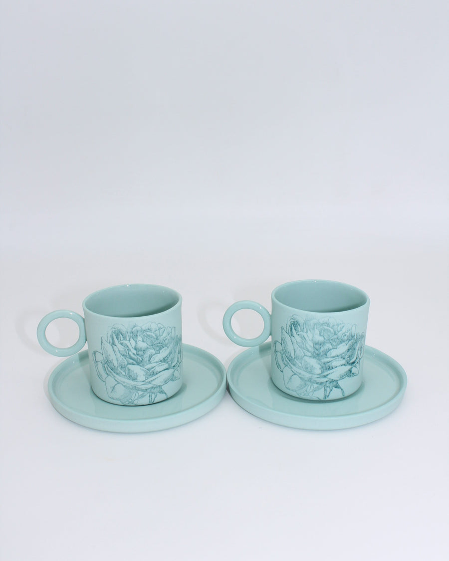 Mia Mint - Koyu Mint Çiçekli Porselen Fincan ve Tabağı