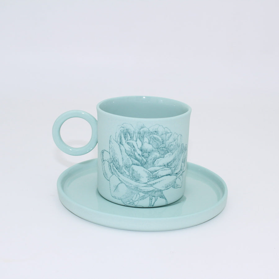 Mia Mint - Koyu Mint Çiçekli Porselen Fincan ve Tabağı