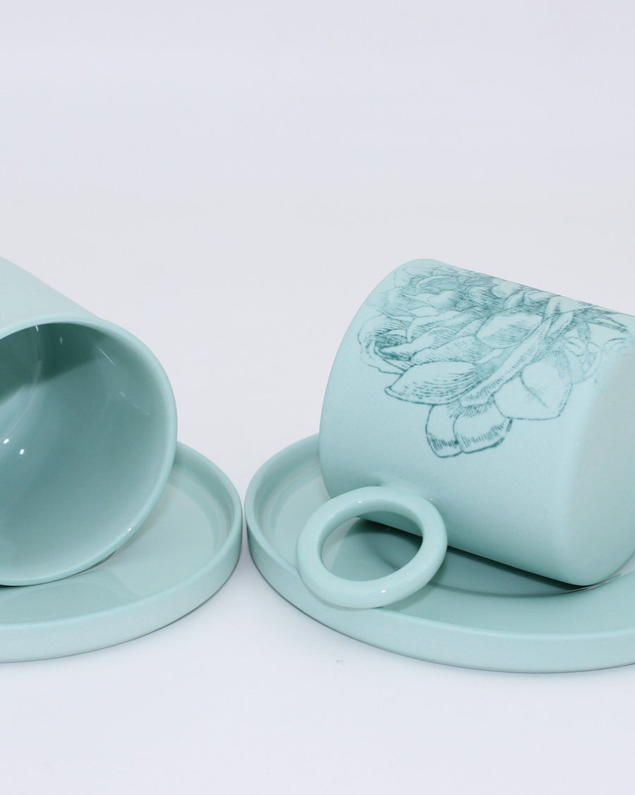 Mia Mint - Koyu Mint Çiçekli Porselen Fincan ve Tabağı