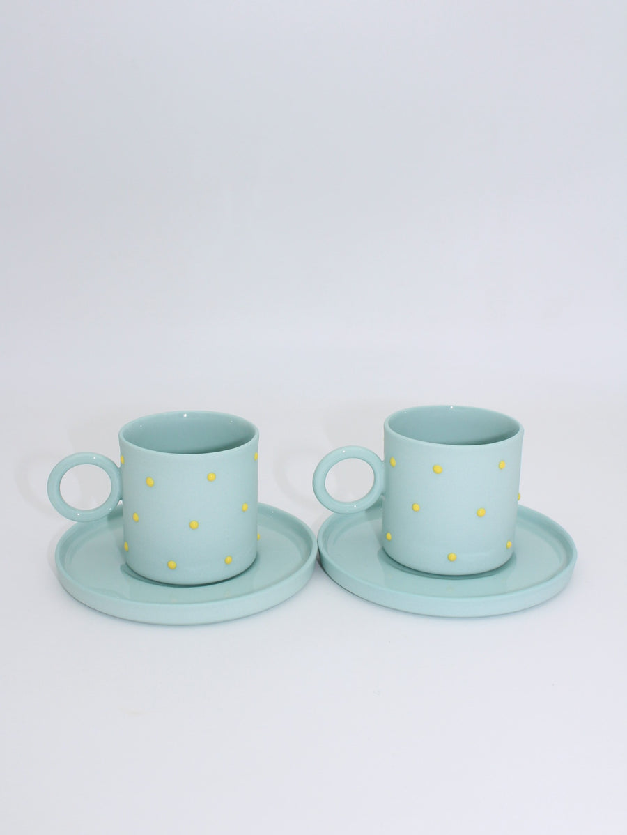 Mia Mint - Sarı Noktalı Porselen Fincan ve Tabağı