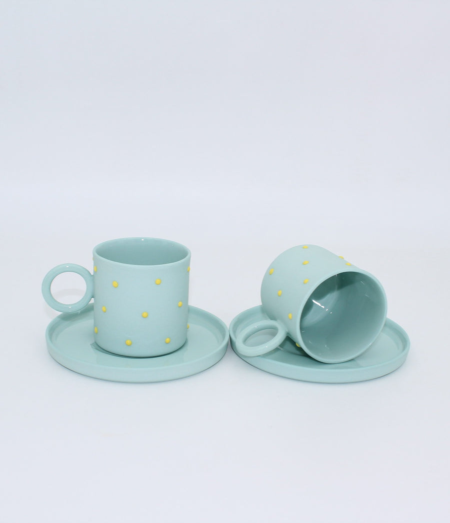 Mia Mint - Sarı Noktalı Porselen Fincan ve Tabağı