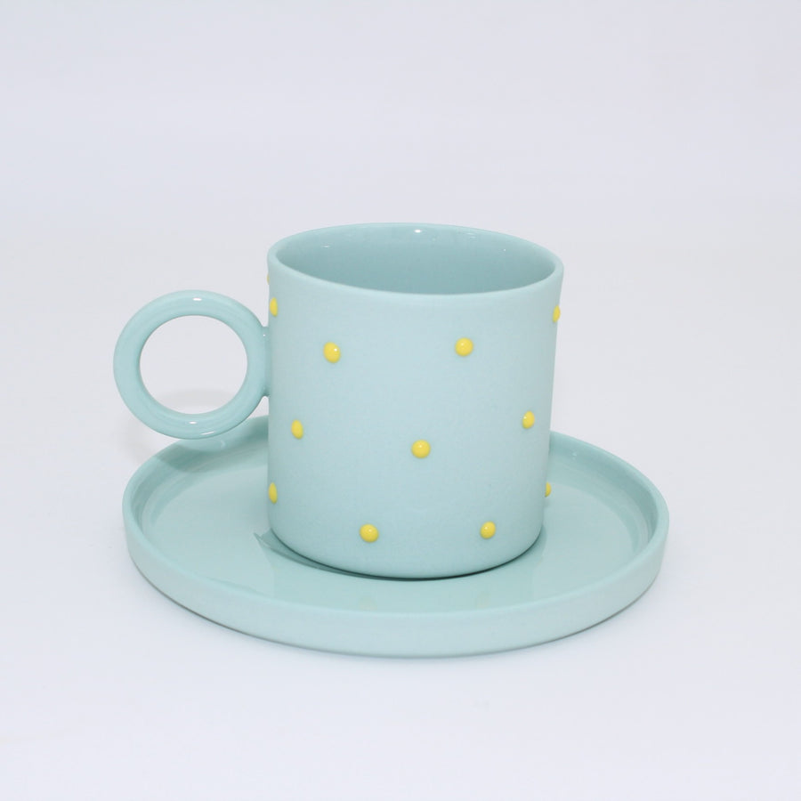 Mia Mint - Sarı Noktalı Porselen Fincan ve Tabağı