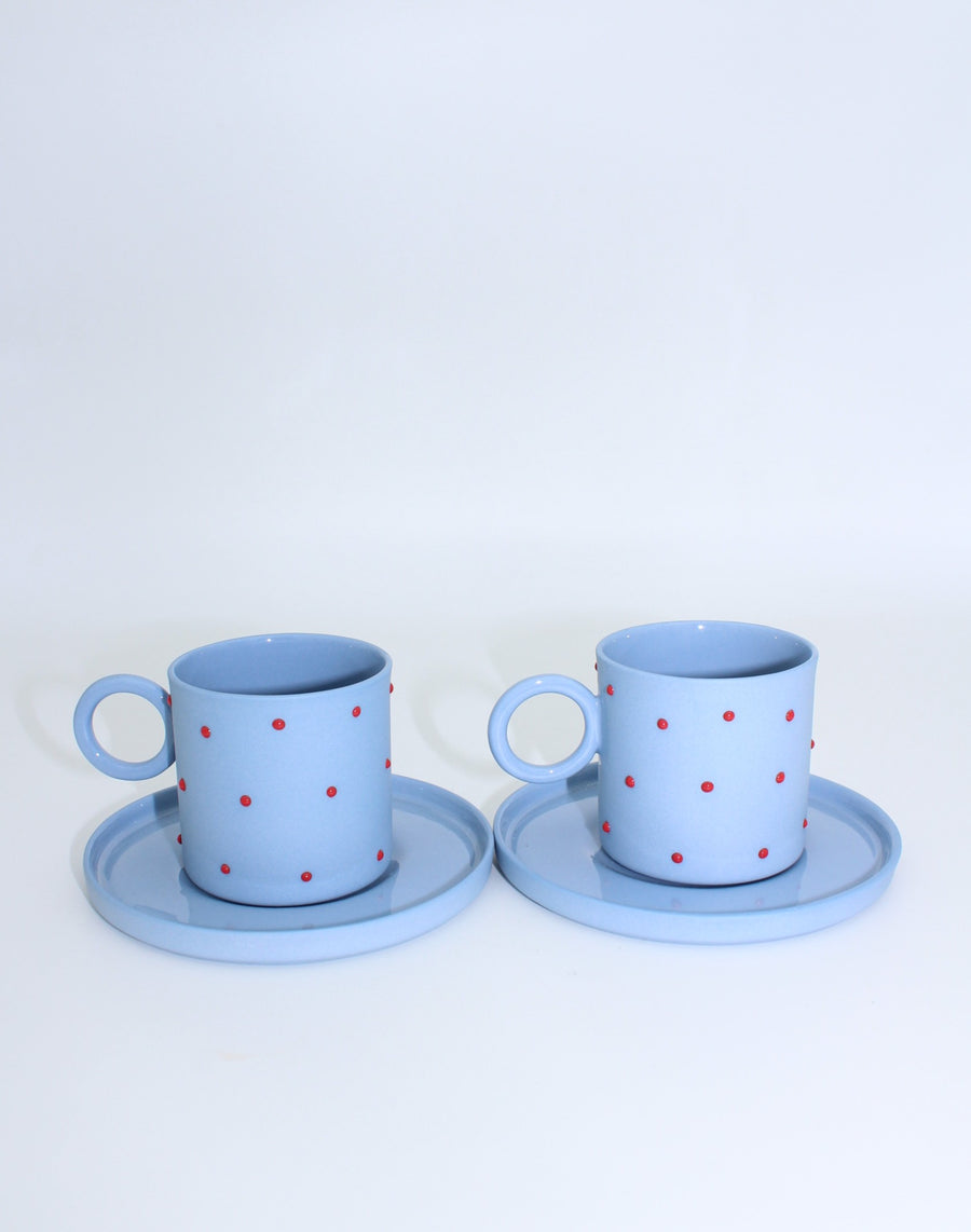 Mia Mavi - Kırmızı Noktalı Porselen Fincan ve Tabağı