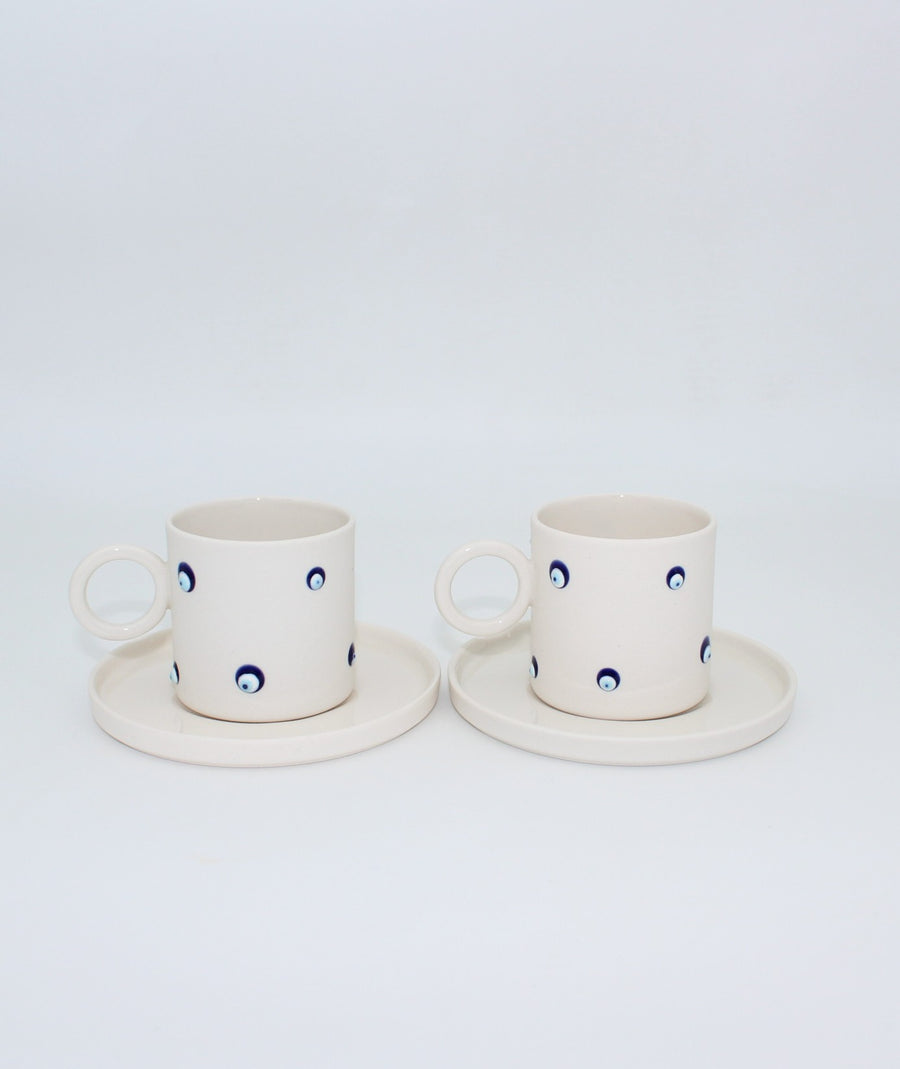 Mia Beyaz Nazar Boncuklu Porselen Fincan ve Tabağı