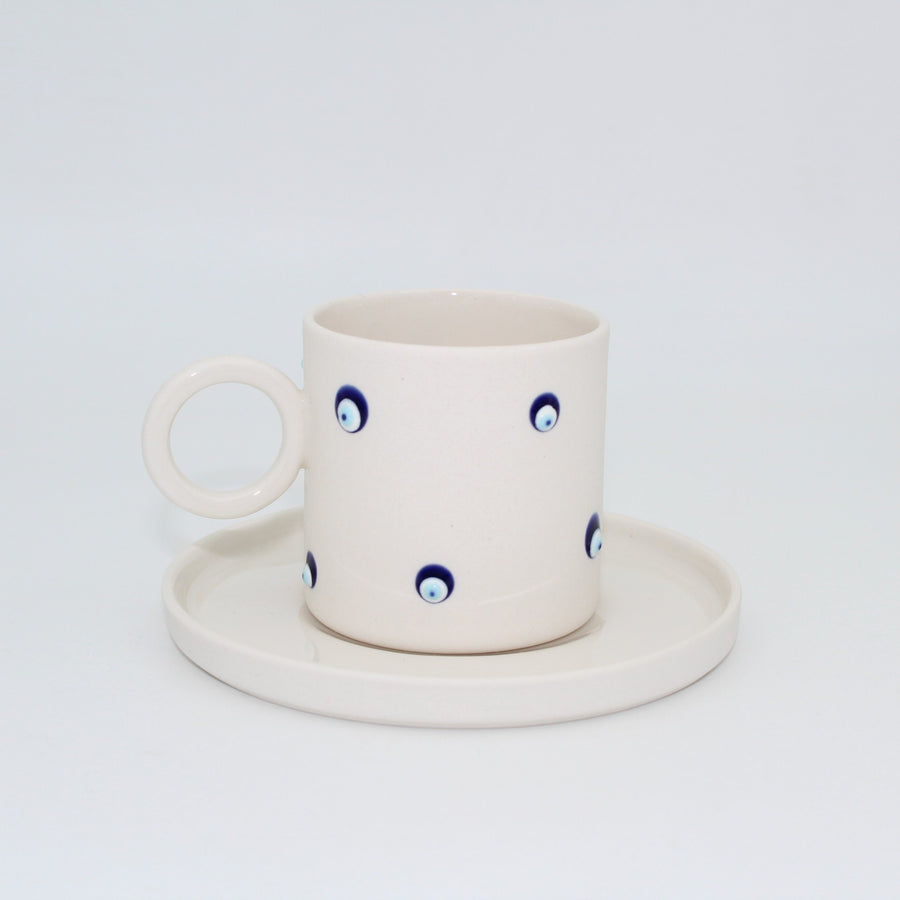 Mia Beyaz Nazar Boncuklu Porselen Fincan ve Tabağı