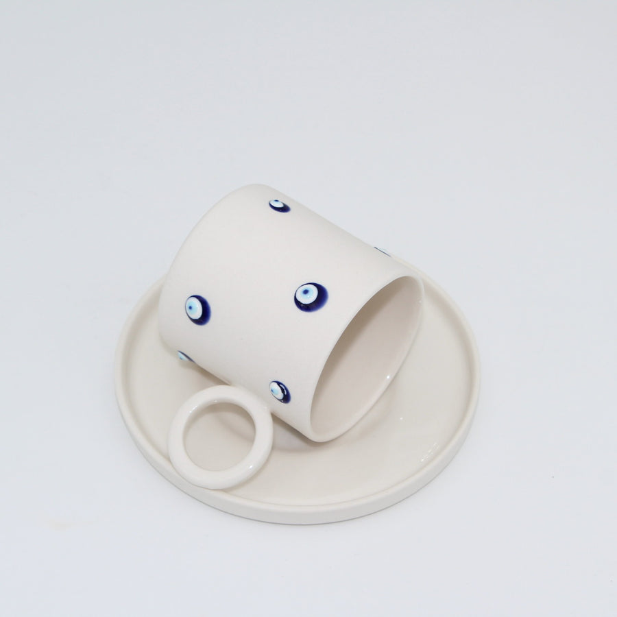 Mia Beyaz Nazar Boncuklu Porselen Fincan ve Tabağı